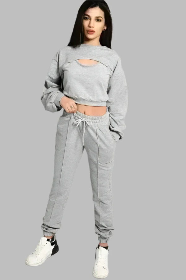 Grey Cropped Top 3 Piece Tracksuit - Image 2