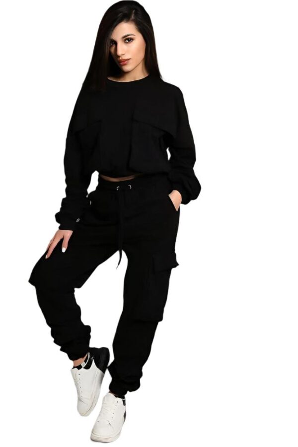 Black Exaggerated Front Pockets Cropped Top Tracksuit - Image 2