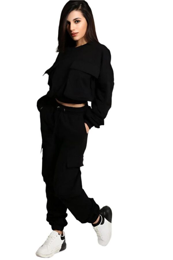 Black Exaggerated Front Pockets Cropped Top Tracksuit