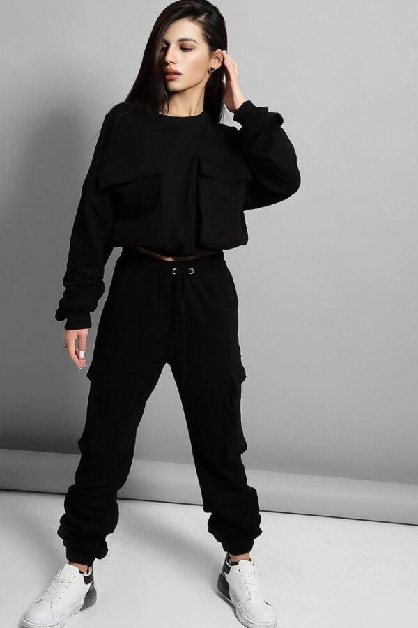 Black Exaggerated Front Pockets Cropped Top Tracksuit - Image 3