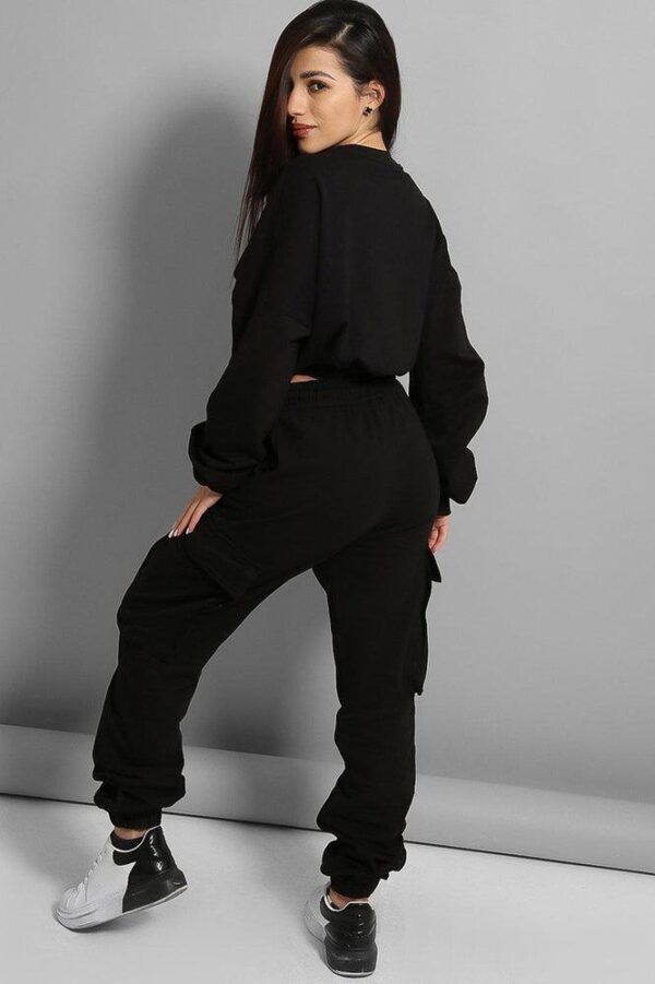 Black Exaggerated Front Pockets Cropped Top Tracksuit - Image 4