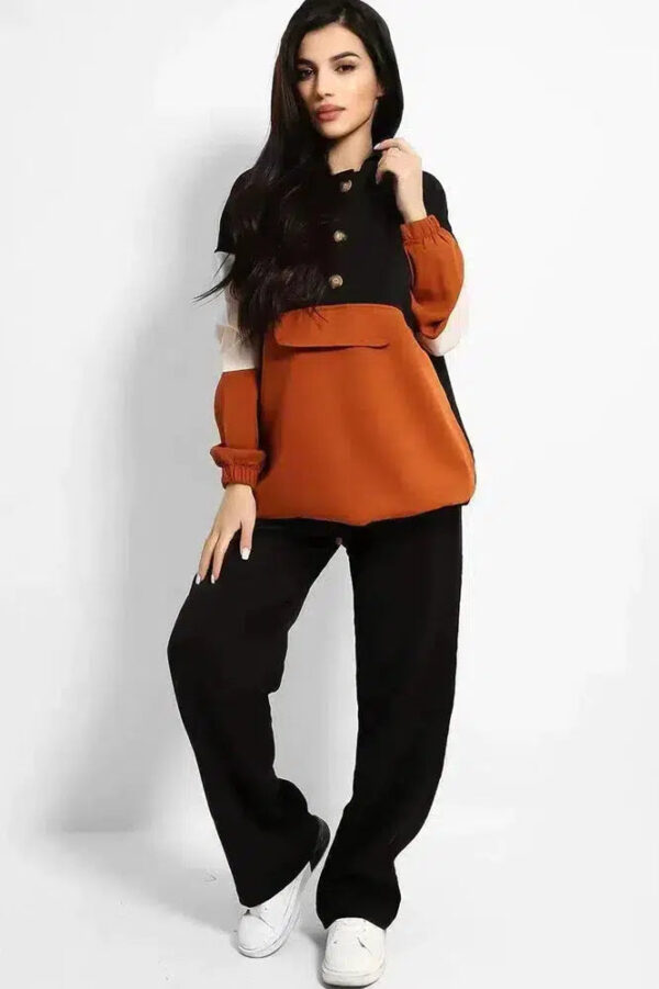 Brown Black Colourblock Longline Sweatshirt And Wide Leg Trousers Modest Set - Image 3