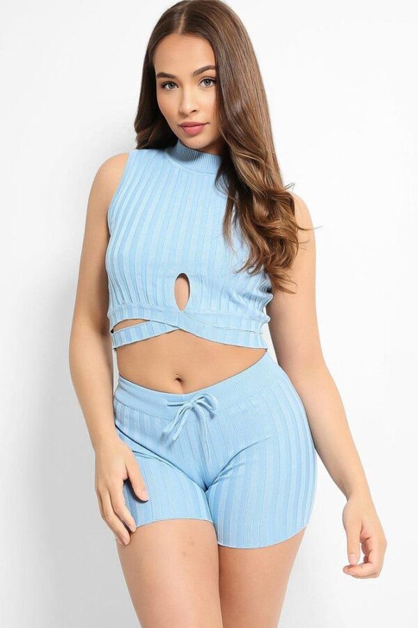 Blue Half Cross Wrap Knitted Crop Top And Shorts Lounge Set - Image 4