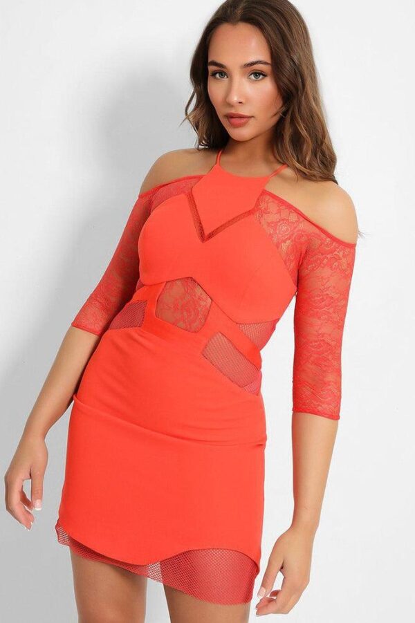 Coral Sheer Mesh Details Bodycon Dress - Image 2