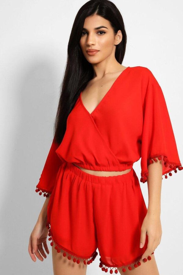 Red Pom-Pom Trims Batwing Top And Shorts Set - Image 3