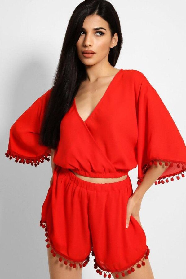 Red Pom-Pom Trims Batwing Top And Shorts Set - Image 2