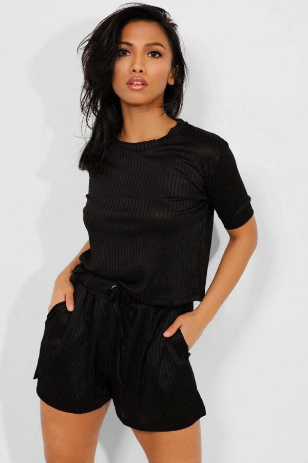 Black Ribbed Shorts And Tee Set - Image 2