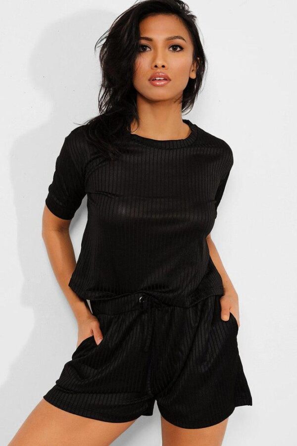 Black Ribbed Shorts And Tee Set - Image 3