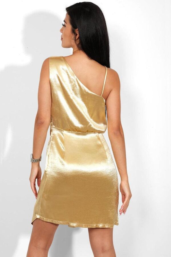 Gold Crushed Satin V-neck Wrap Mini Dress - Image 6