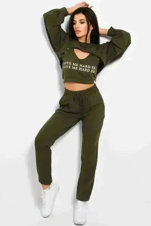 Khaki Love Me Harder Crop Top 3 Piece Tracksuit - Image 2