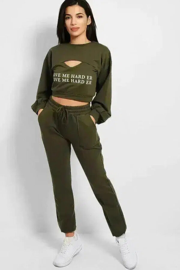 Khaki Love Me Harder Crop Top 3 Piece Tracksuit - Image 3