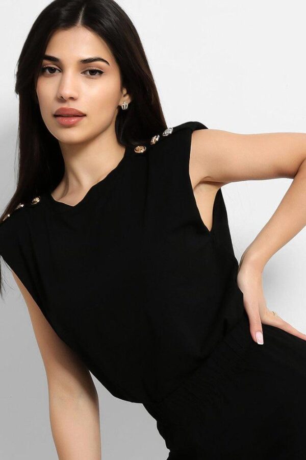 Black Buttoned Power Shoulder Top And Cycling Shorts Set - Image 3