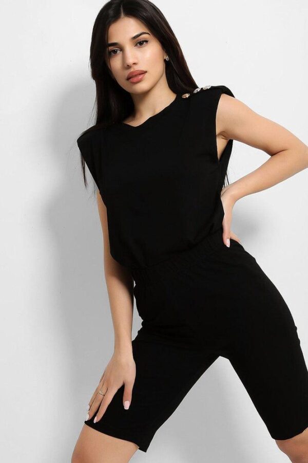 Black Buttoned Power Shoulder Top And Cycling Shorts Set - Image 2