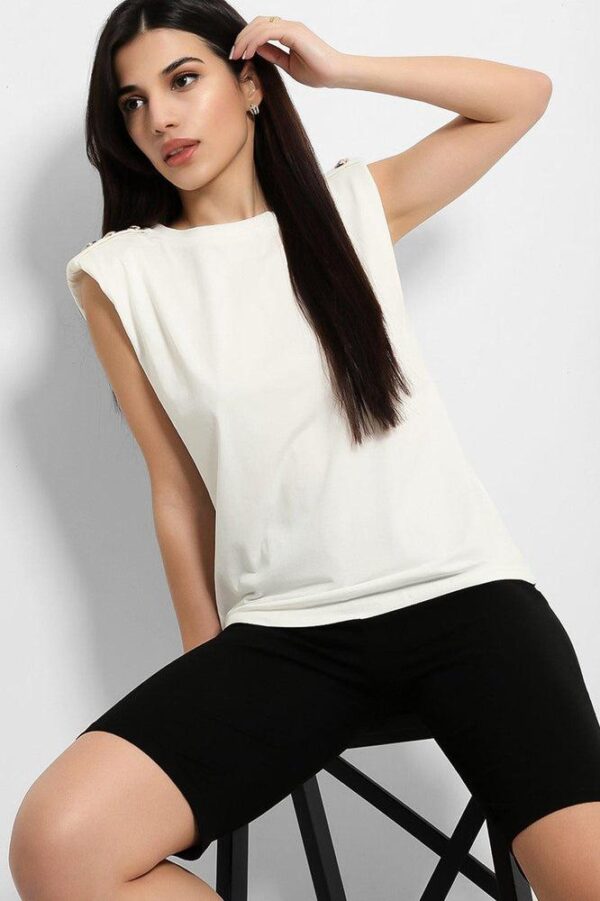 White Black Buttoned Power Shoulder Top And Cycling Shorts Set - Image 3