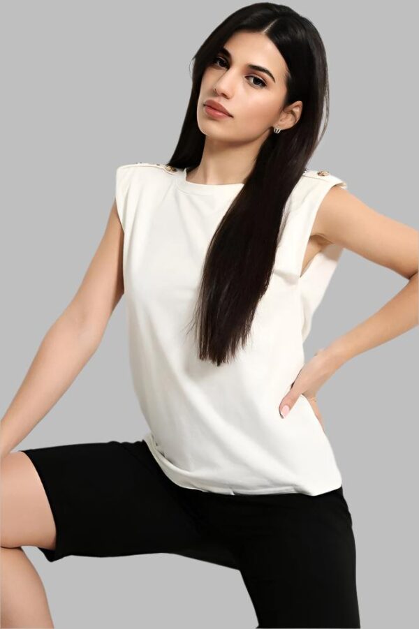 White Black Buttoned Power Shoulder Top And Cycling Shorts Set