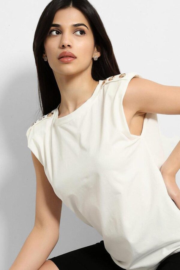 White Black Buttoned Power Shoulder Top And Cycling Shorts Set - Image 4