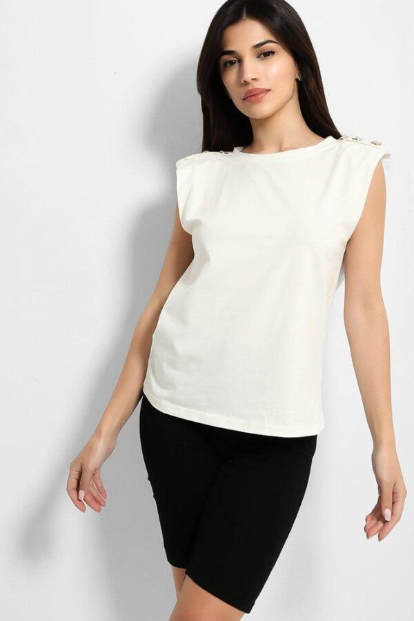 White Black Buttoned Power Shoulder Top And Cycling Shorts Set - Image 2