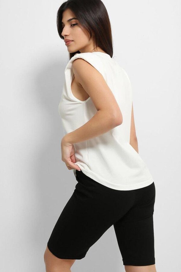 White Black Buttoned Power Shoulder Top And Cycling Shorts Set - Image 5