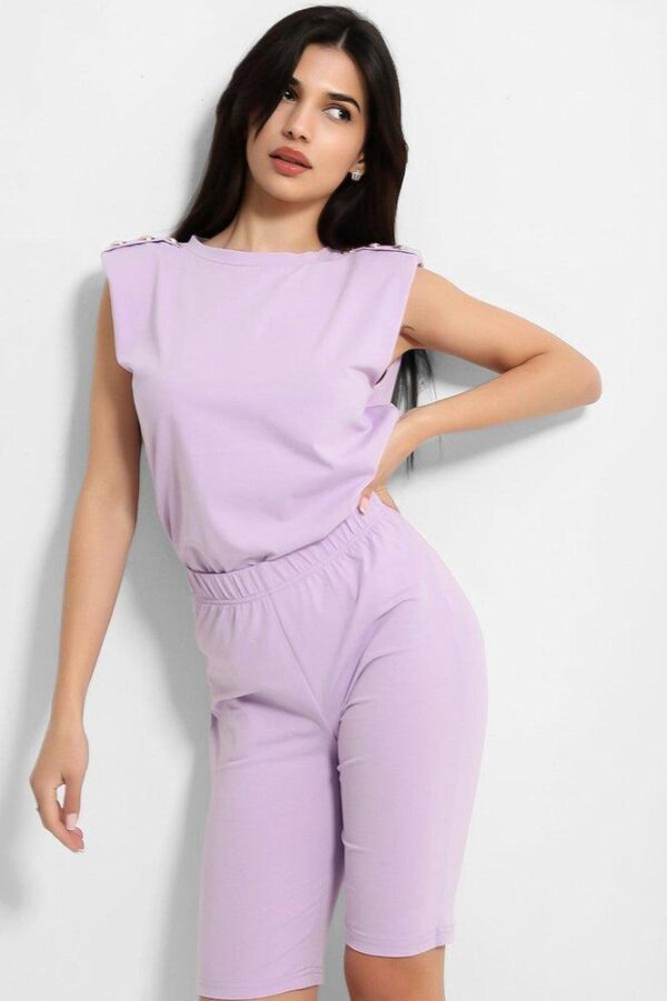 Lilac Buttoned Power Shoulder Top And Cycling Shorts Set - Image 4