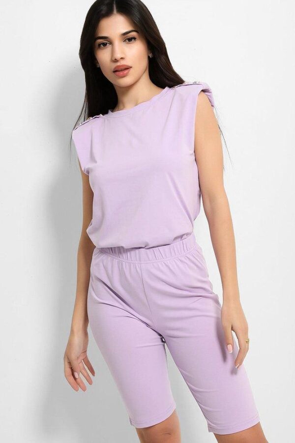 Lilac Buttoned Power Shoulder Top And Cycling Shorts Set - Image 3