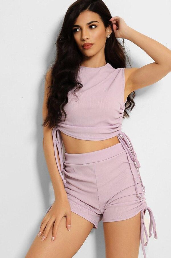 Lilac Ribbed Drawstring Ties Sleeveless Top And Shorts Set - Image 2