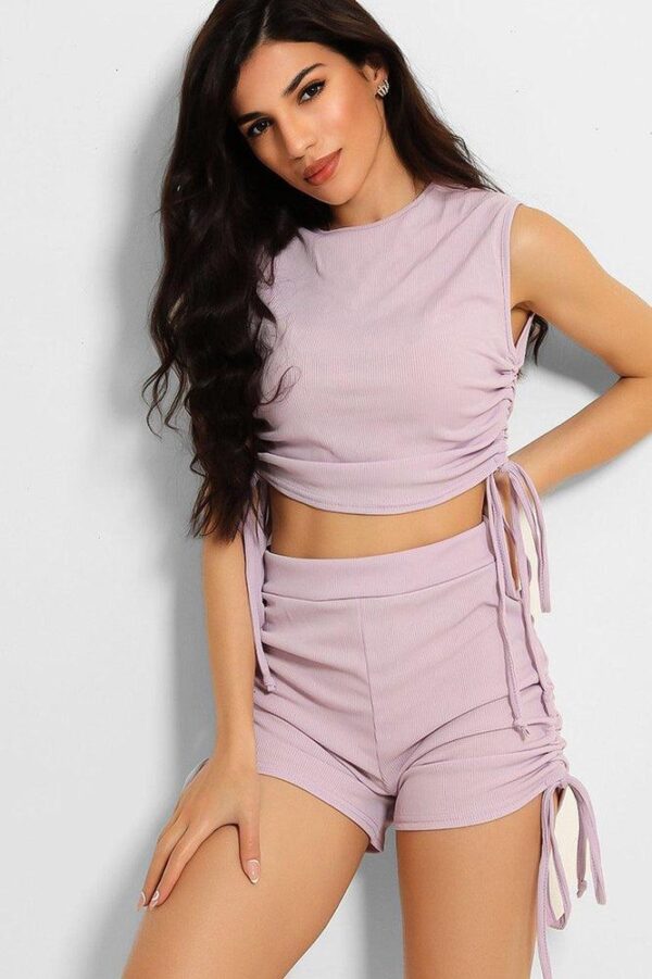 Lilac Ribbed Drawstring Ties Sleeveless Top And Shorts Set - Image 3