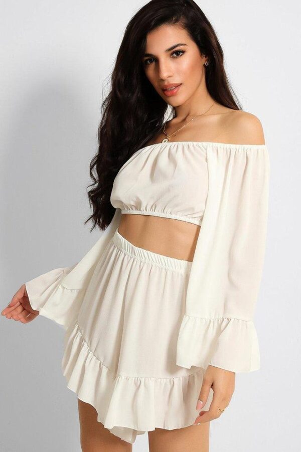 White Frill Trim Off Shoulder Crop Top Shorts Set - Image 2