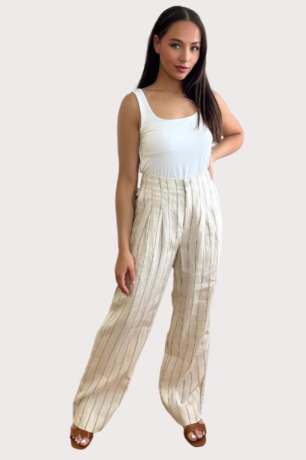 Beige Pinstripe Linen Smart Trousers - Image 3