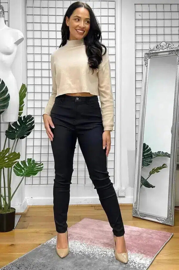 Black High Waist Skinny Leather Coated Trousers - Image 2