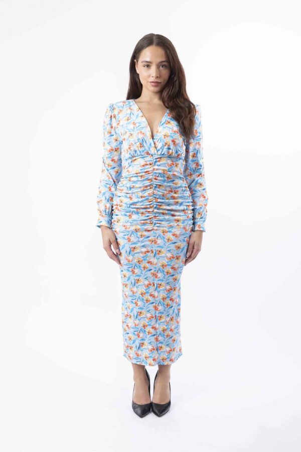 Low V-Cut Neckline Ruched Slinky Midi Bodycon Dress - Image 23