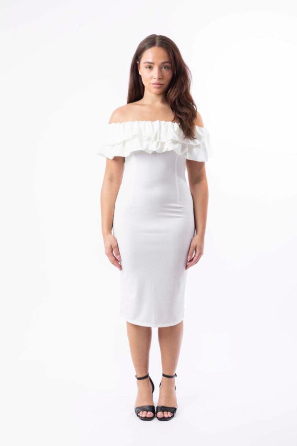 Off Shoulder Frill Hem Stretchy Midi Dress - Image 3