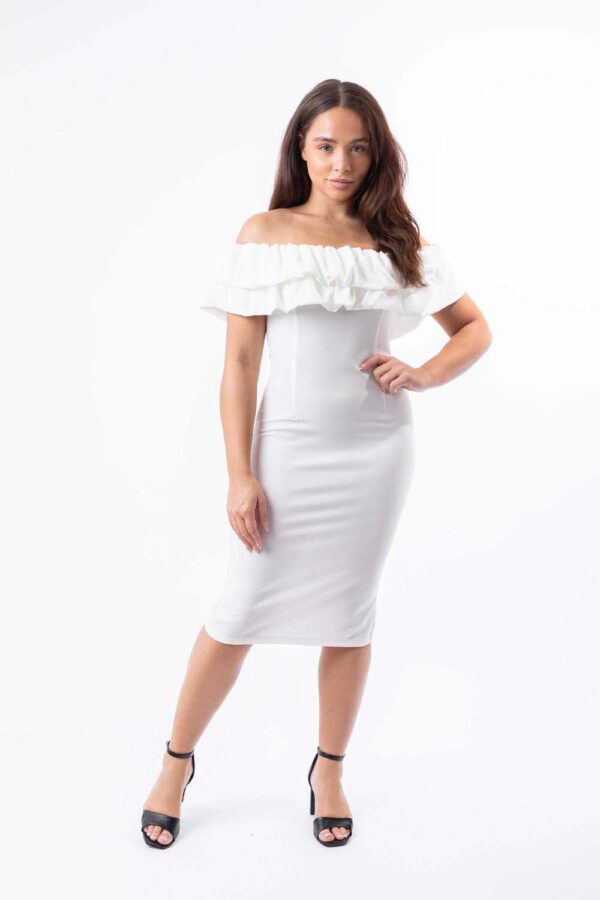 Off Shoulder Frill Hem Stretchy Midi Dress - Image 4