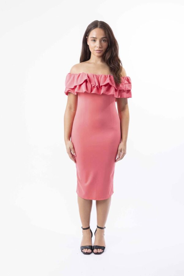Off Shoulder Frill Hem Stretchy Midi Dress - Image 8
