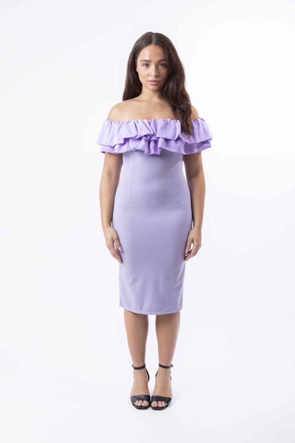 Off Shoulder Frill Hem Stretchy Midi Dress - Image 11