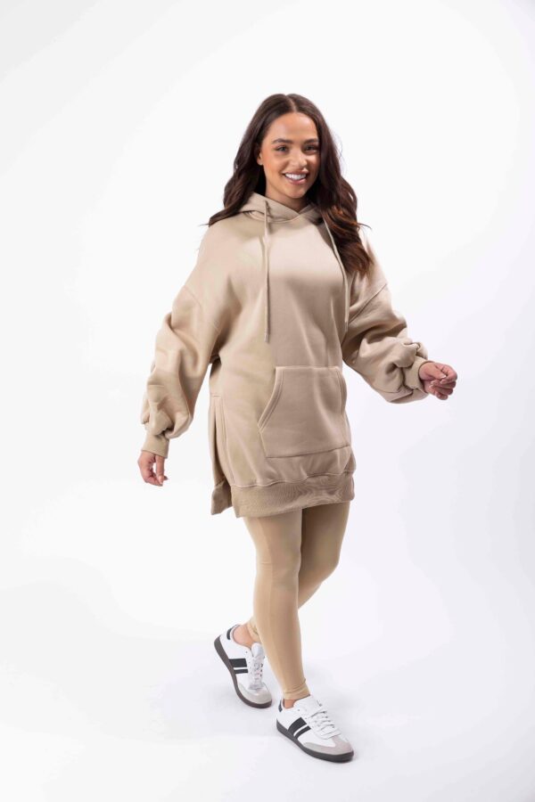 Fleeced Ruched Sleeve Longline Hoodie And Spandex Legging Loungewear Set - Image 3