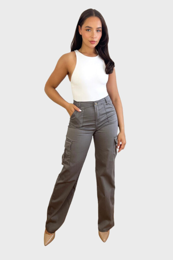High Waisted Wide Leg Stretchy Cargo Trousers - Image 5