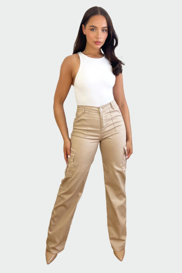 High Waisted Wide Leg Stretchy Cargo Trousers - Image 4