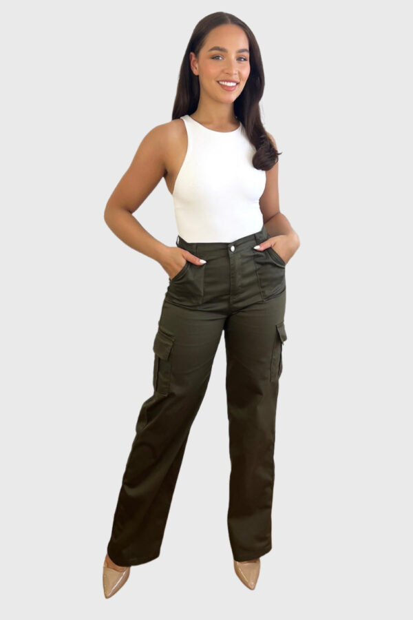 High Waisted Wide Leg Stretchy Cargo Trousers - Image 2
