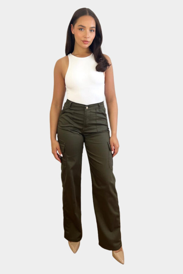 High Waisted Wide Leg Stretchy Cargo Trousers - Image 8