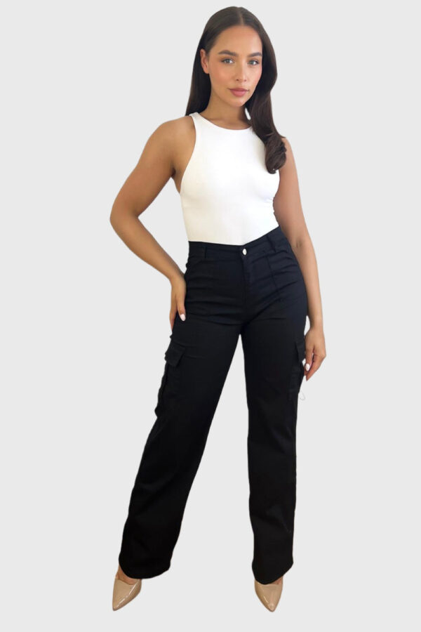 High Waisted Wide Leg Stretchy Cargo Trousers - Image 9