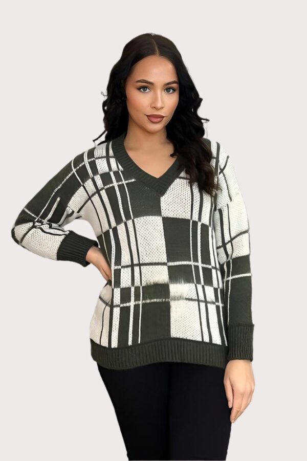 Window Plane Check Knitted V-Neck Pullover - Image 4