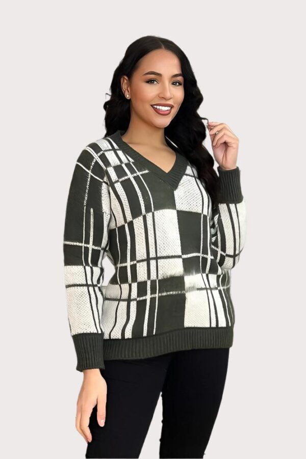 Window Plane Check Knitted V-Neck Pullover - Image 2