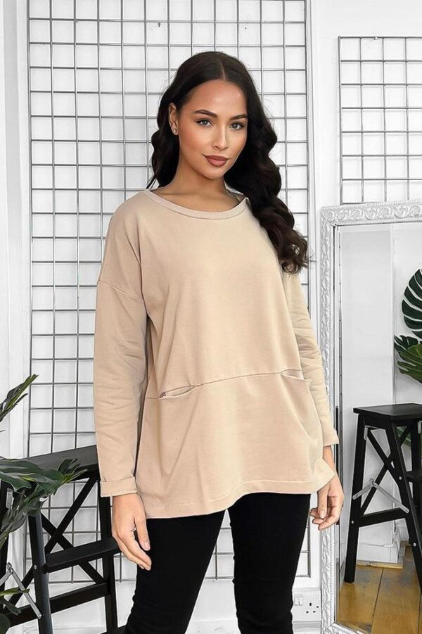 Front Slip Pockets Raw Finish Cotton Blend Tunic - Image 2