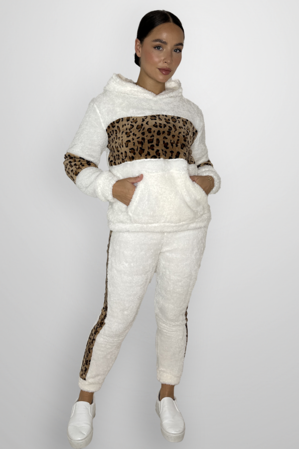 Cozy Leopard Print Color Block Hooded Teddy Bear Loungewear Set