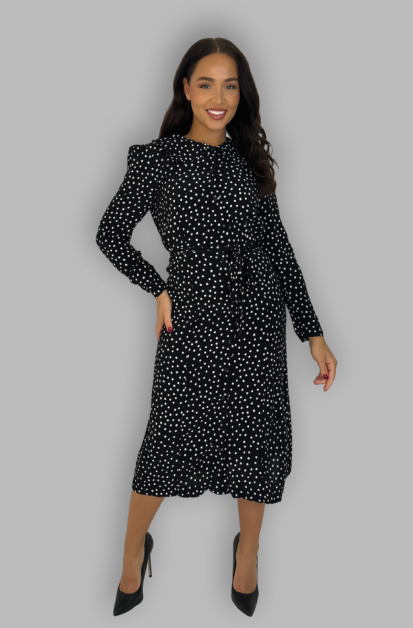 Black White Polka Dot Large Collar Midi Dress - Image 2