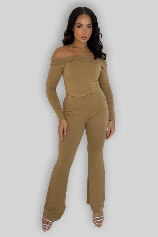 Off Shoulder Long Sleeve Top And Flare Leg Co-ordinate Set - Image 6