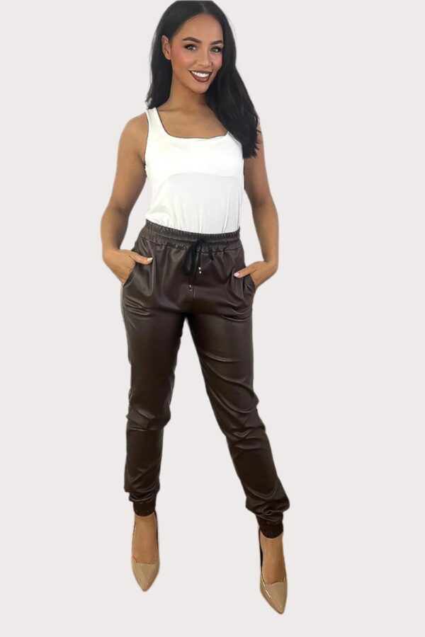 Elastic Waist And Cuffs Vegan Leather Trousers