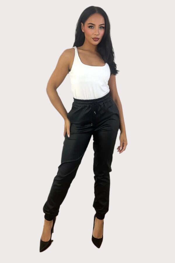 Elastic Waist And Cuffs Vegan Leather Trousers - Image 2