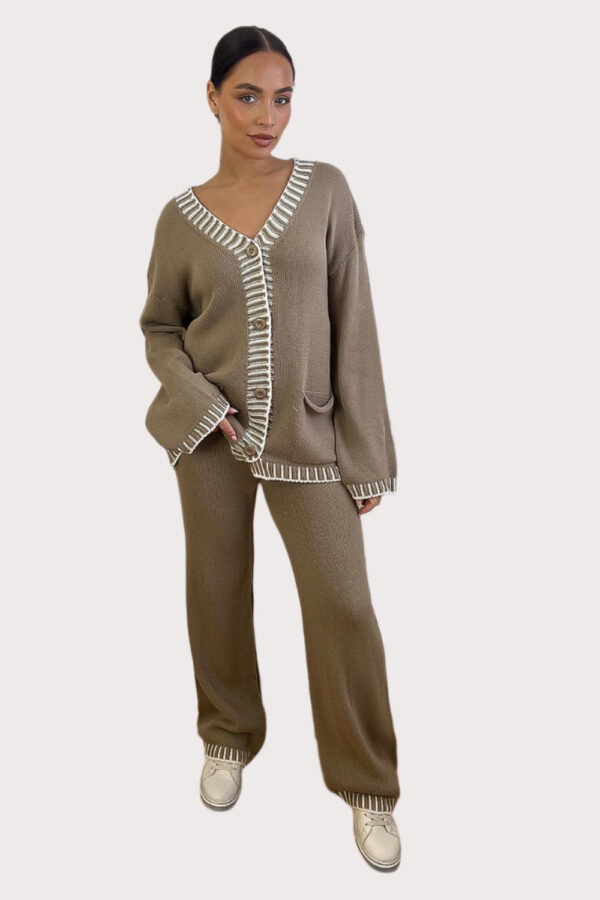 Contrast Stitch Effect Trim Knitted Leisure Set - Image 15